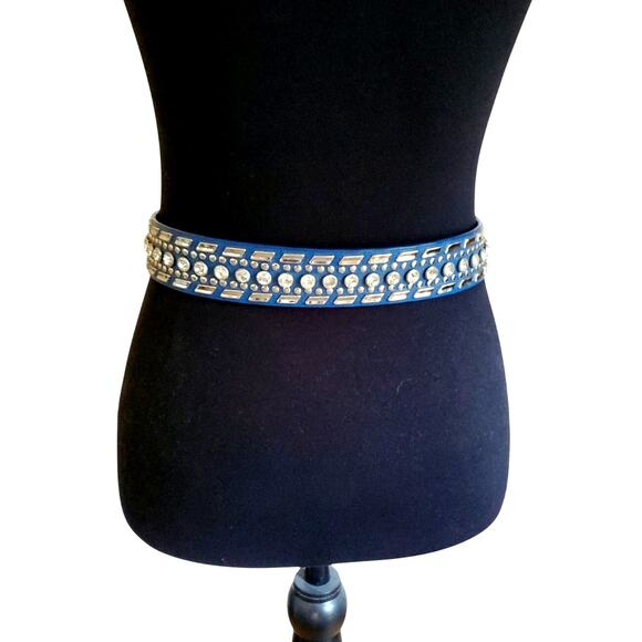 Nocona Blue Leather Belt Clear Crystal Stud Silver Tone Buckle Western Small 26" - Picture 5 of 16